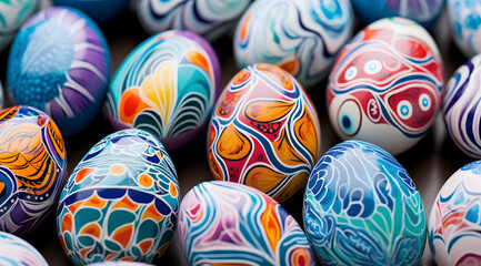 Obraz premium Bunch of exquisite hand-painted Easter eggs with detailed floral patterns and rich, vibrant colours.