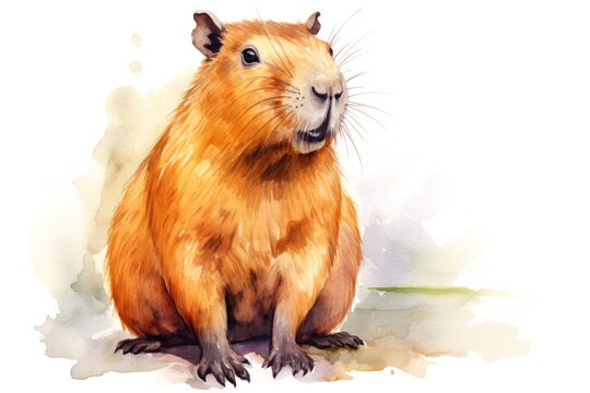 watercolor capybara in the water with splashes on white background