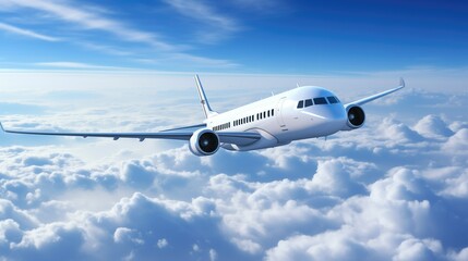 Commercial plane soaring through fluffy white clouds, showcasing its immense size and sleek design. Minute details, from windows to wings and tail, are clearly visible. Perfectly in focus, sharp line