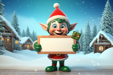 Cute smiling christmas elf holding a wooden blank sign in front of the north pole village - obrazy, fototapety, plakaty