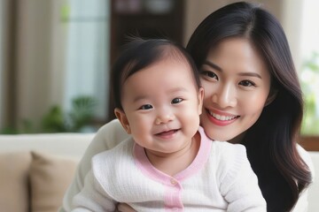 Beautiful young smiling asian mom hugs happy baby. Concept of family love and happiness. Generative AI