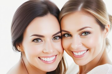Portrait beautiful model two women with white teeth smile, healthy long hair and beauty skin on light background. Concept of advertising a dentist and facial care. Generative AI
