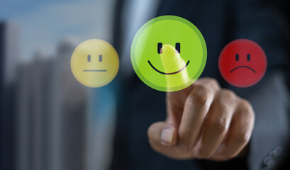 Businessman with symbol face smile, happy, relax, satisfaction survey, good feedback rating,...