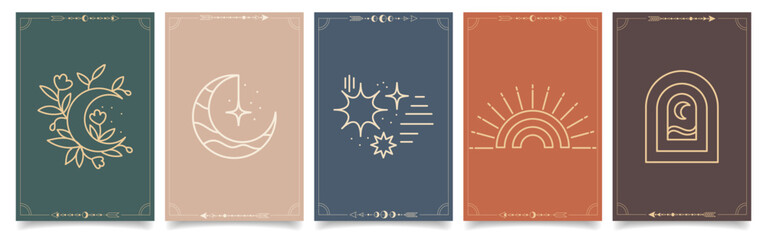 Set of esoteric mystical posters with spiritual symbols, moon, sun, stars. Templates on light and dark backgrounds, boho style. Vector © Tatiana