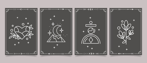 Set of esoteric mystical posters with spiritual symbols, moon, sun, stars. Templates on light and dark backgrounds, boho style. Vector © Tatiana