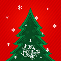 Christmas paper cut pine tree layered 3d shape frame with Merry Xmas lettering inside and falling snowflakes on red striped background. Vector greeting card with 3d effect spruce, holiday banner