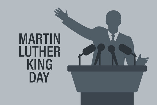 Martin Luther King Jr. Day greeting card design. MLK Day. Silhouette of a politician on a podium with microphones. Vector