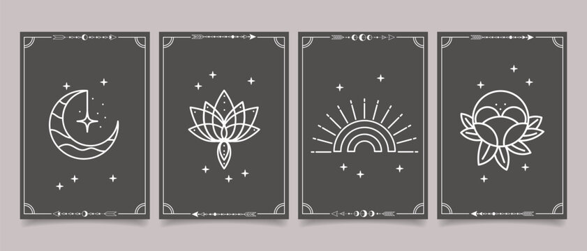 Set of esoteric mystical posters with spiritual symbols, moon, sun, stars. Templates on light and dark backgrounds, boho style. Vector