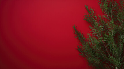 Pine branches on red ai generated banner background copy space. Cedar evergreen tree. Christmas tree branches image backdrop empty. Fir december decoration concept composition top view, copyspace
