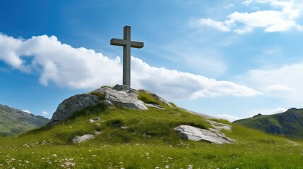 A serene landscape with a polished marble cross atop a lush green hill. A tranquil and peaceful...
