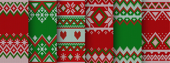 Christmas knit patterns, sweater texture. Vector seamless knitted background set with xmas and new year winter scandinavian ornaments in traditional red, white or green colors. Holiday festive crochet