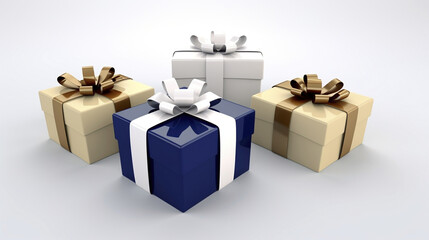 Minimalist celebratory xmas boxes ai generated background image. Sales day presents desktop wallpaper picture. Four gifts photo backdrop. Holiday season giftboxes concept composition front view