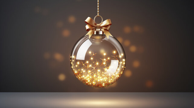 Sparkles golden bauble Christmas ai generated banner background copy space. Merry and bright celebration image backdrop empty. Yuletide festive ambiance concept composition front view, copyspace