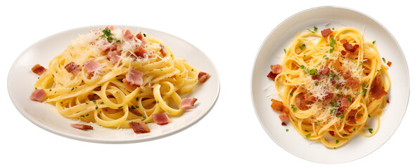 Spaghetti carbonara with ham and parmesan cheese isolated on white background, italian food bundle