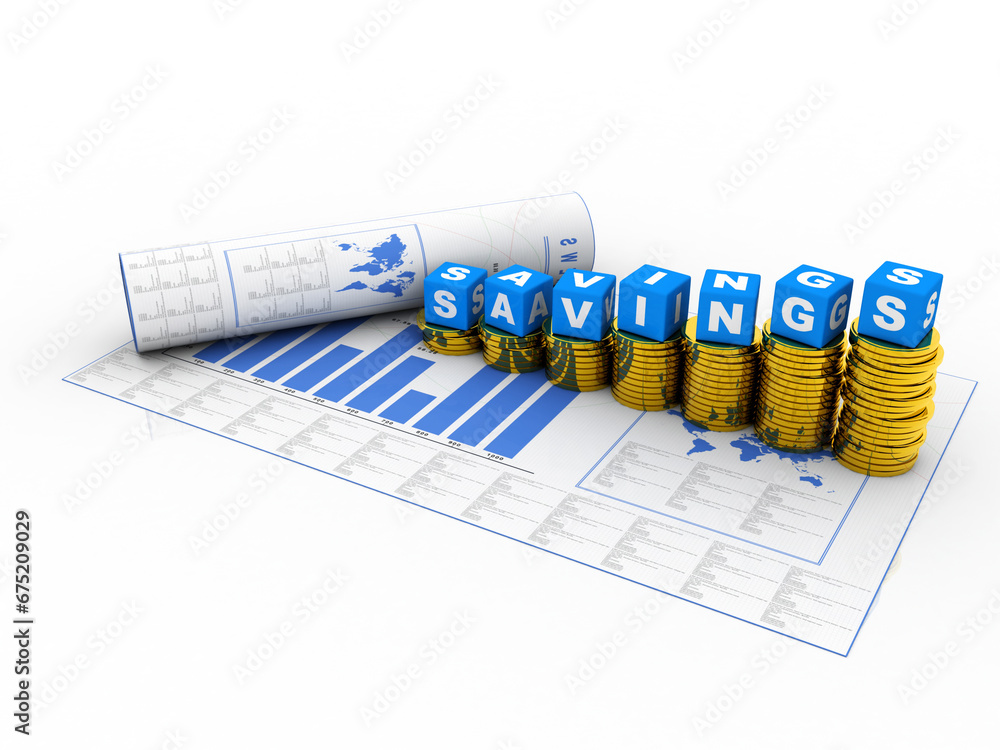Poster 3d rendering stock market online business concept. business graph gold coin with saving cube