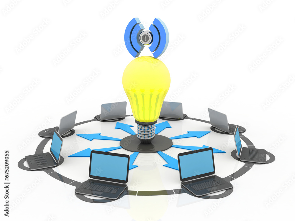Poster 3d rendering computer network with cfl bulb and wifi