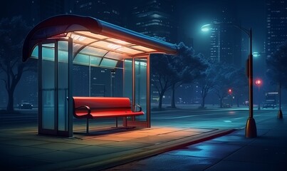 Bus stop in city at night on background, Generative AI - obrazy, fototapety, plakaty