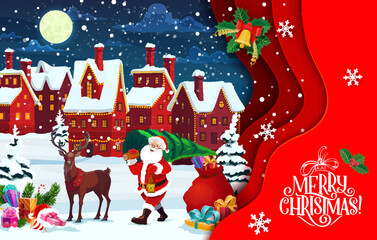 Christmas paper cut card with Santa, pine tree and winter town landscape. Vector double exposition 3d effect greeting card with funny Saint Nicholas carry spruce and lantern at night snowy cityscape