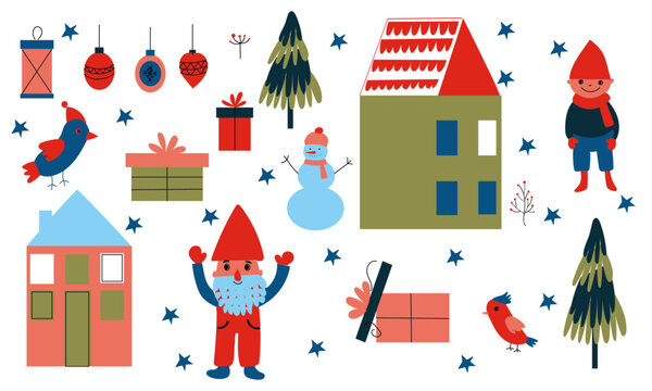 Christmas clipart, clipart gnome, Santa, christmas tree, winter clipart, set of Chrismas vector elements