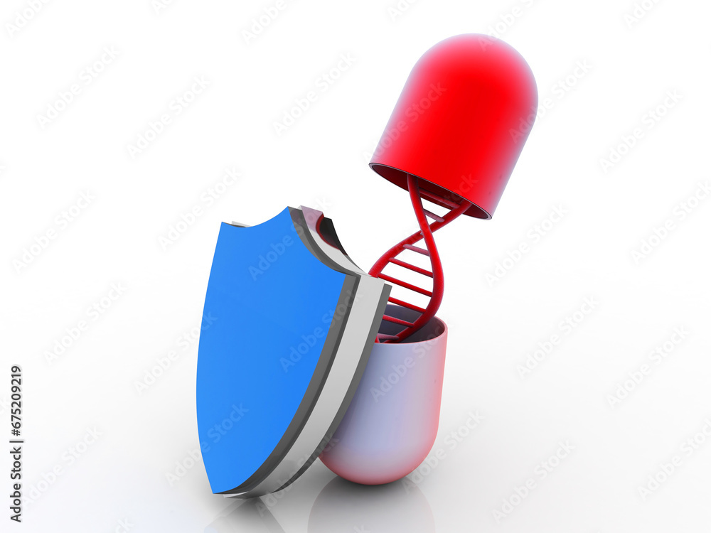 Poster 3d render of dna structure with capsule near shield