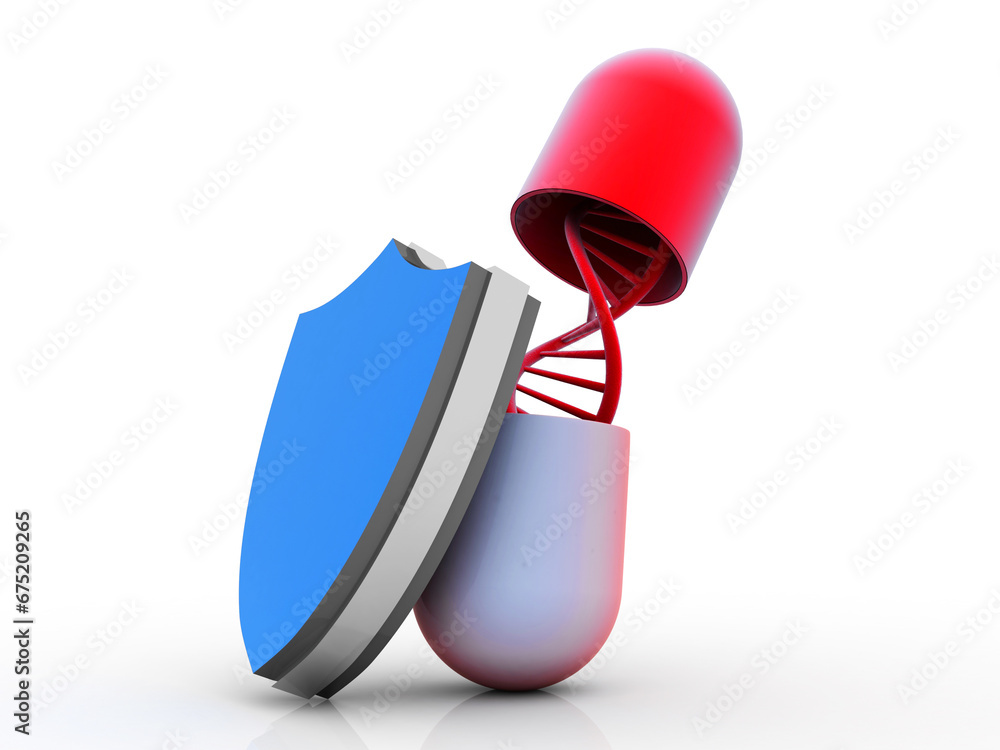 Poster 3d render of dna structure with capsule near shield