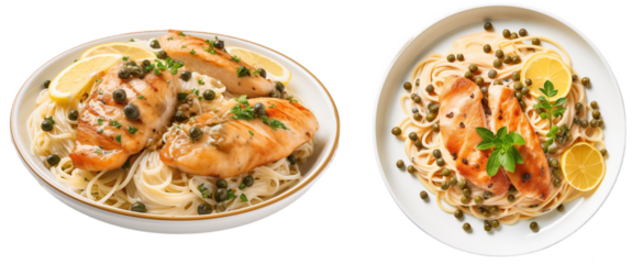 Chicken piccata with lemon caper sauce over spaghetti pasta isolated on white background, italian food bundle