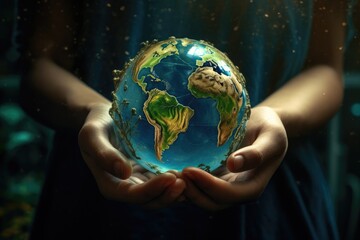 Earth crystal glass globe ball and tree in hands.