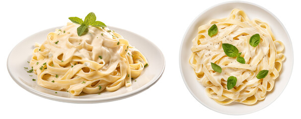 Creamy fettuccine Alfredo pasta with Parmesan cheese isolated on white background, italian food...