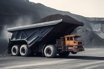 Coal truck transporting machinery from open-pit mining. Generative AI - obrazy, fototapety, plakaty
