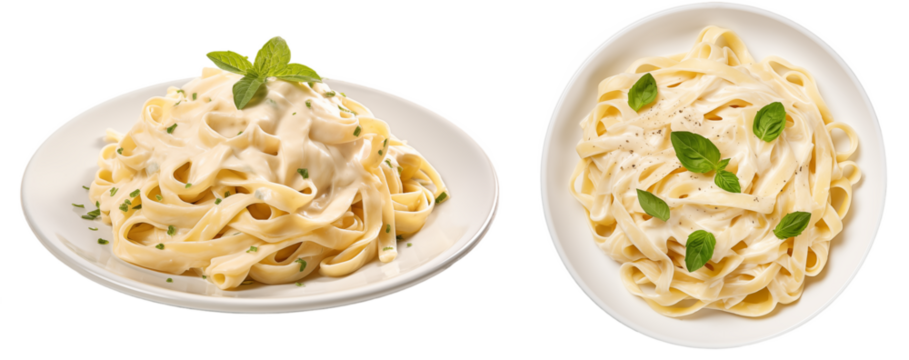 Creamy fettuccine Alfredo pasta with Parmesan cheese isolated on white background, italian food bundle