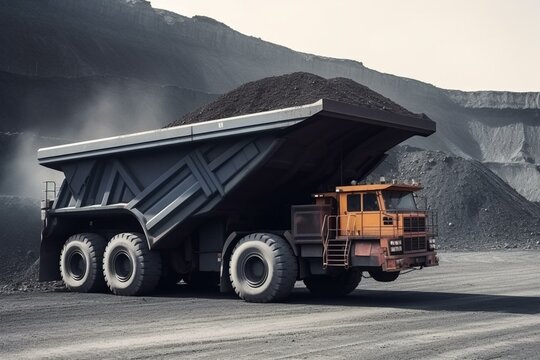 Coal truck transporting machinery from open-pit mining. Generative AI