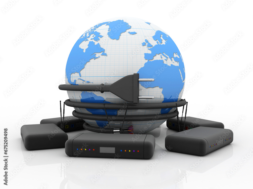 Poster 3d rendering transmitter wifi network with optical cable