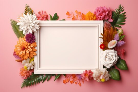 Colorful flowers and green leaves surround a white photo frame on a pink background. Generative AI