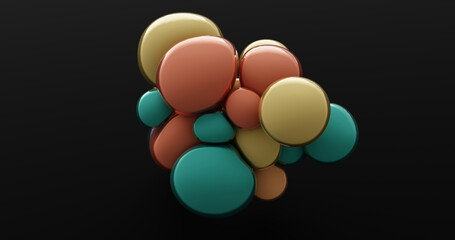 Colorful multicolored inflatable balloons, abstract illustration of flattened bubbles on black, 3d rendering