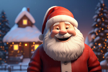 Cute santa clause smiles in front of winter wonderland at north pole