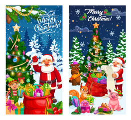 Christmas banners with Santa, presents bag and pine tree. Vector greeting card with Father Noel stand near decorated fir-tree with whimsical creatures as elf and funny animals under falling snowflakes