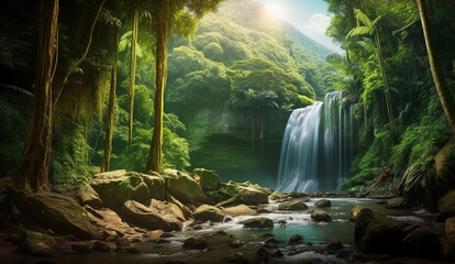 Waterfall in a tropical jungle, Generative AI