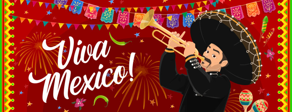 Mariachi musician on Viva Mexico, Mexican Independence day banner, vector background. Mexican holiday fiesta celebration poster with Mexican man musician in sombrero with trumpet or papel picado flags