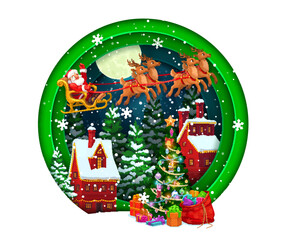 Christmas paper cut card. Pine holiday tree, Santa on sleigh and house buildings in winter forest. Vector 3d layered frame with cartoon flying Father noel sled, cottages and gifts at xmas holiday eve