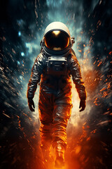 an astronaut in outer space, dressed in a spacesuit, against the background of fire and space