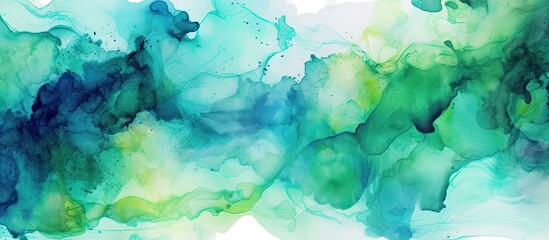 Fototapeta na wymiar The abstract watercolor artwork displays a stunning combination of green and blue colors creating an eye catching splash of vibrant and colorful patterns that transform the background into 