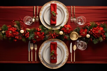 Christmas table setting with dishware, silverware and decorations on festive table.