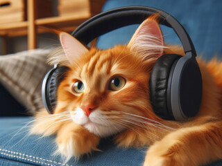 Ginger cat with headphones on his head lies on a blue sofa