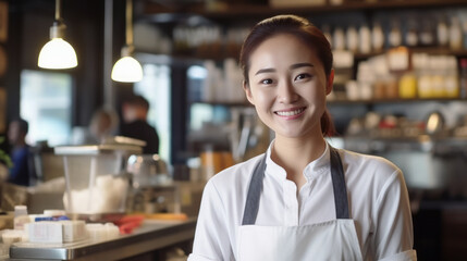 Portrait of young barista woman. Selling smile and coffee. Ai generative
