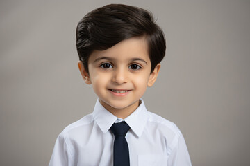 a young boy wearing a white shirt and a blue tie
