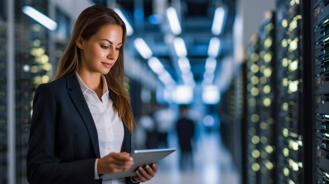 Data Cloud Protection Network, Portrait of woman with digital tablet, System Administrator Engineer. Server Room Specialist, Copy space. Cyber Security Concept. Ai Generative