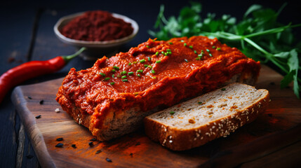Baked toasted smoked flour bread with Ajvar paprika.