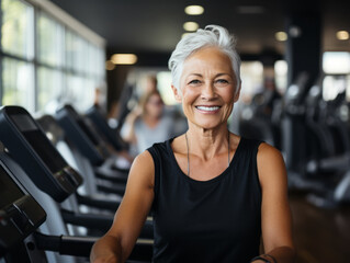 Fototapeta premium Old woman with grey hair training in gym. Healthy life with sport and fitness concept. Ai generative illustration