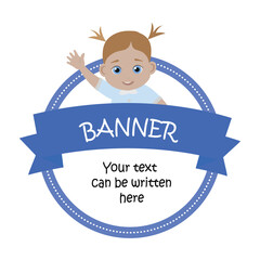 Cute little girl waving. Empty banner. Design element with place for text. Flat illustration.