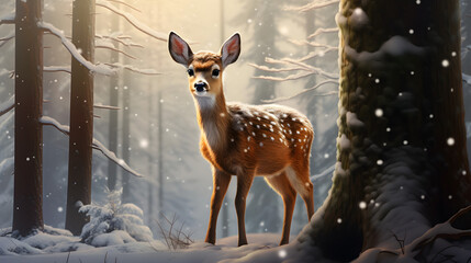 Cute deer in the snowy forest	